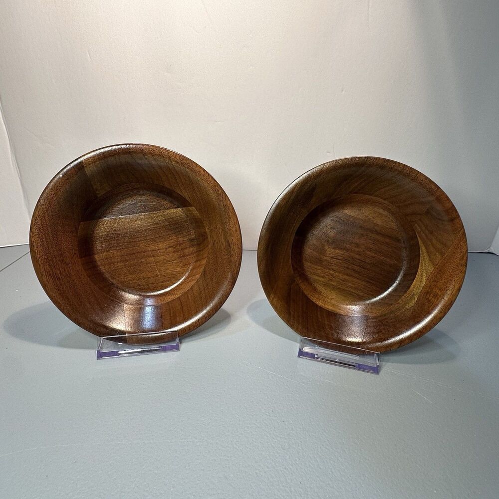 Pair of Vintage Vermillion Real Walnut Wood Bowls 6" Mid Century Modern - READ